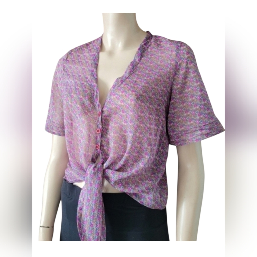 Vintage 90s Sheer Ditzy Floral Blouse Whimsigoth Cottagecore purple small